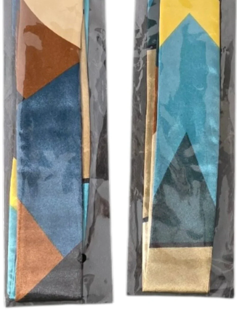 Geometric Print Twilly Scarf Teal Gold Black Skinny Purse Handle Wrap Hair Scarf